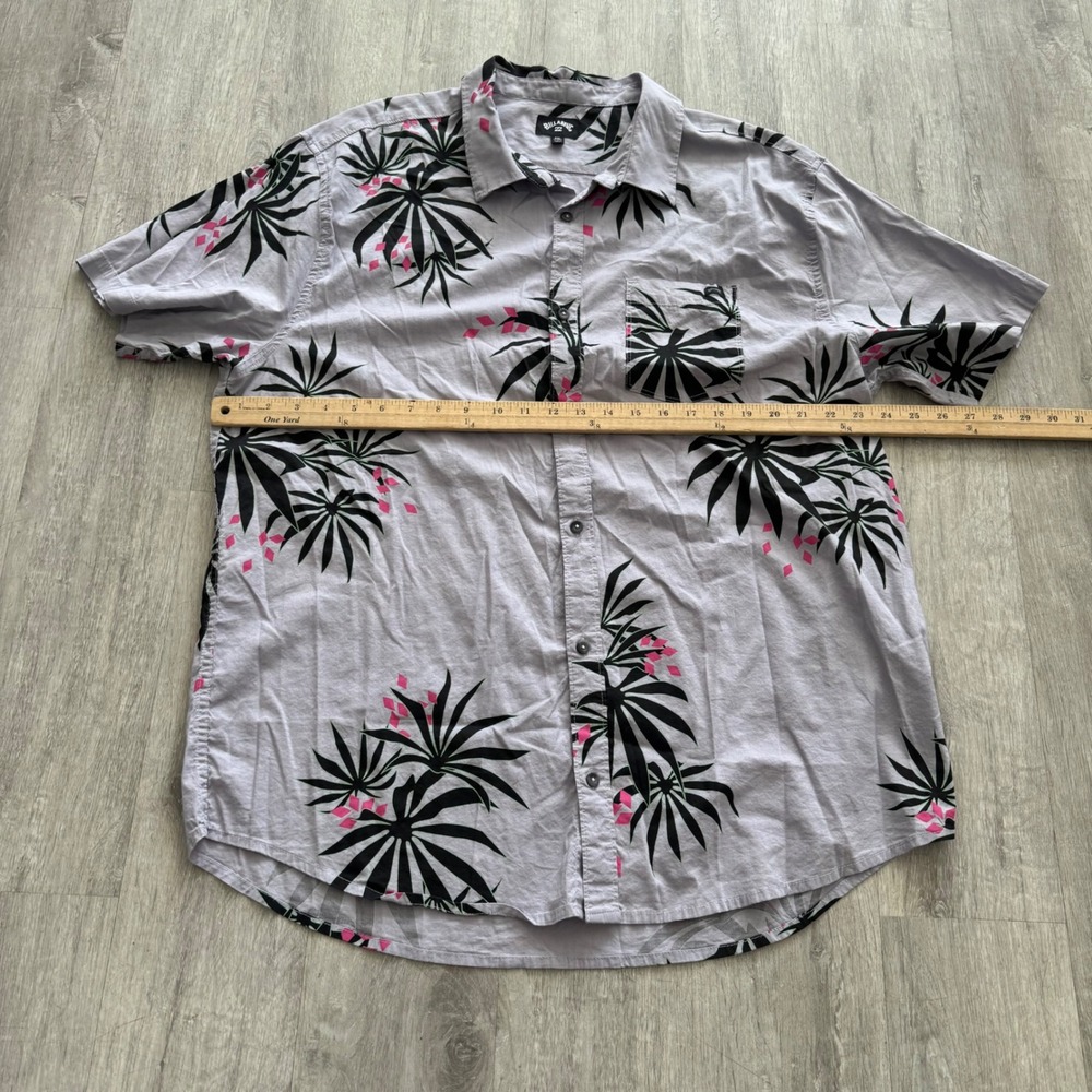 Billabong Mens XXL Gray Tropical Palm Leaf Pink Print Short Sleeve Button Shirt - Picture 4 of 5